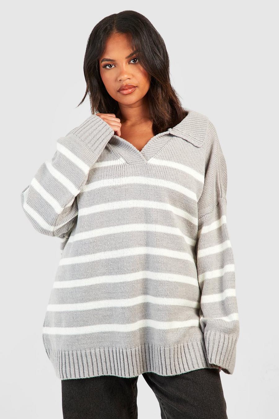 Maglione Plus Size a righe con colletto, Grey marl