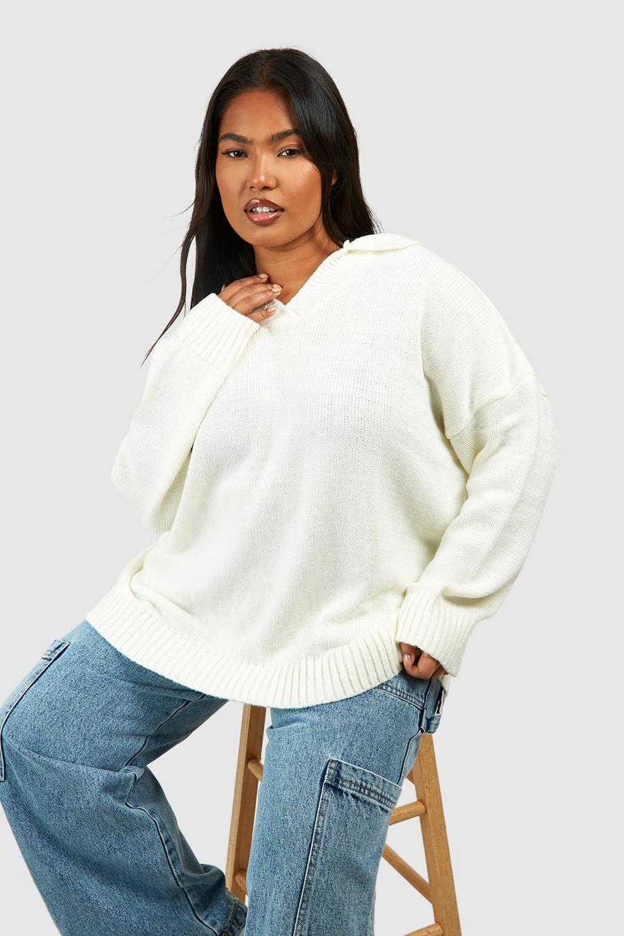 Ecru Plus Collared Oversized Sweater