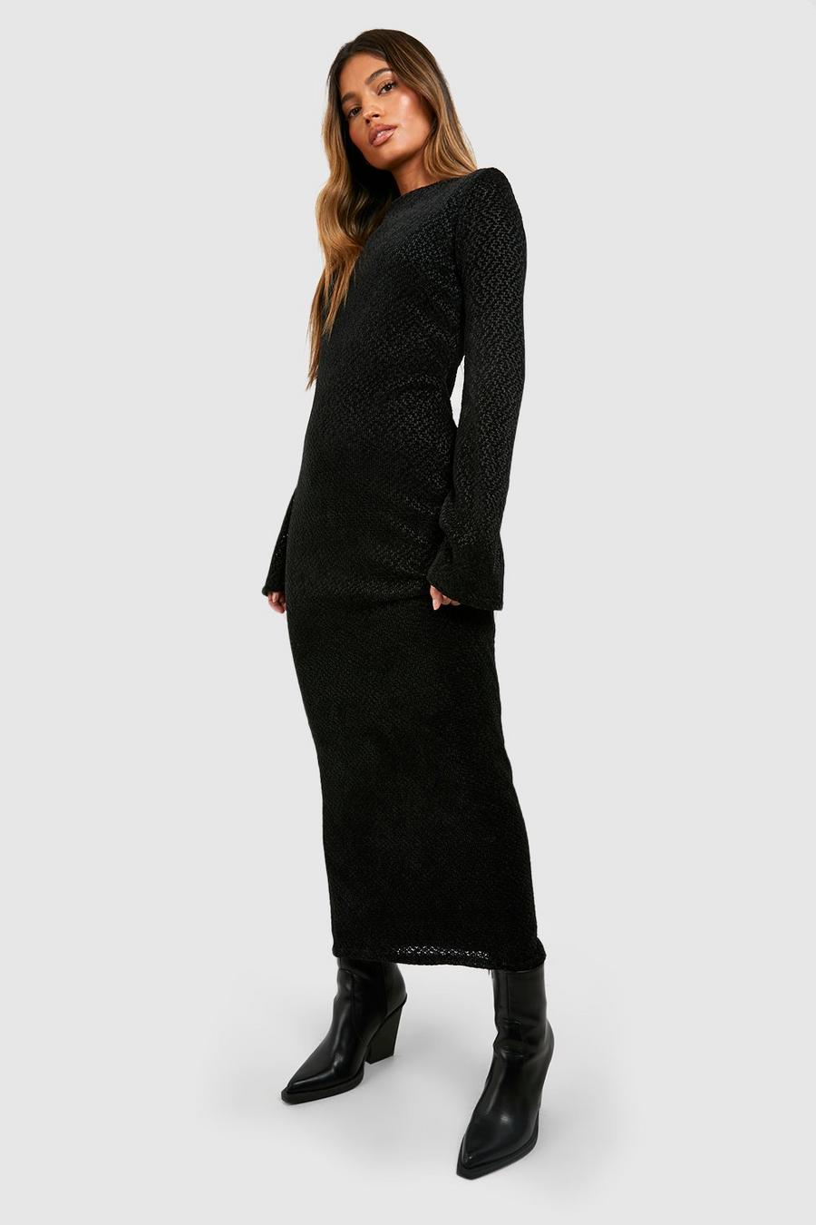 Black Scoop Back Flare Sleeve Knitted Midi Dress image number 1