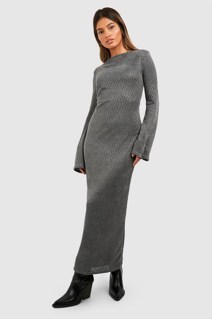 Grey Scoop Back Flare Sleeve Knitted Midi Dress