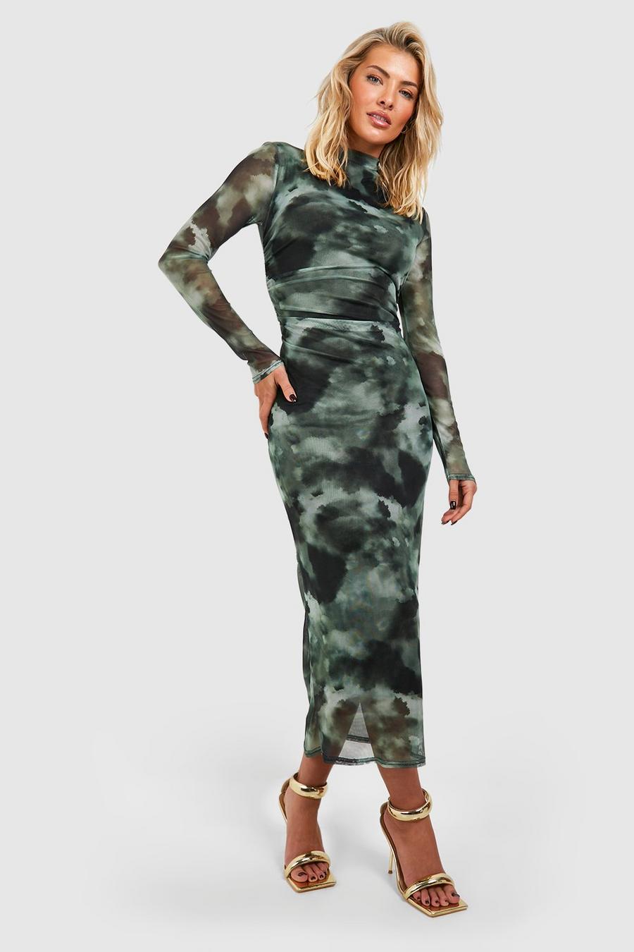 Green Tie Dye Ruched Mesh Midaxi Dress