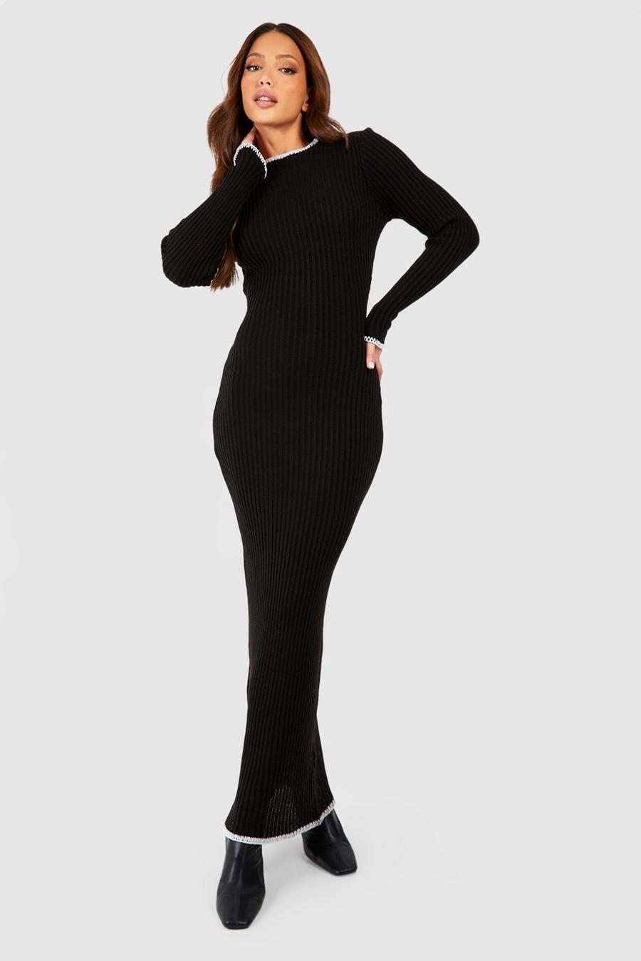 Black Tall Contrast Whipstich Rib Knit Maxi Dress