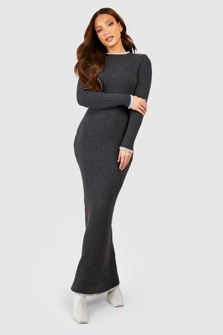 Charcoal grey Tall Contrast Whipstich Rib Knit Maxi Dress