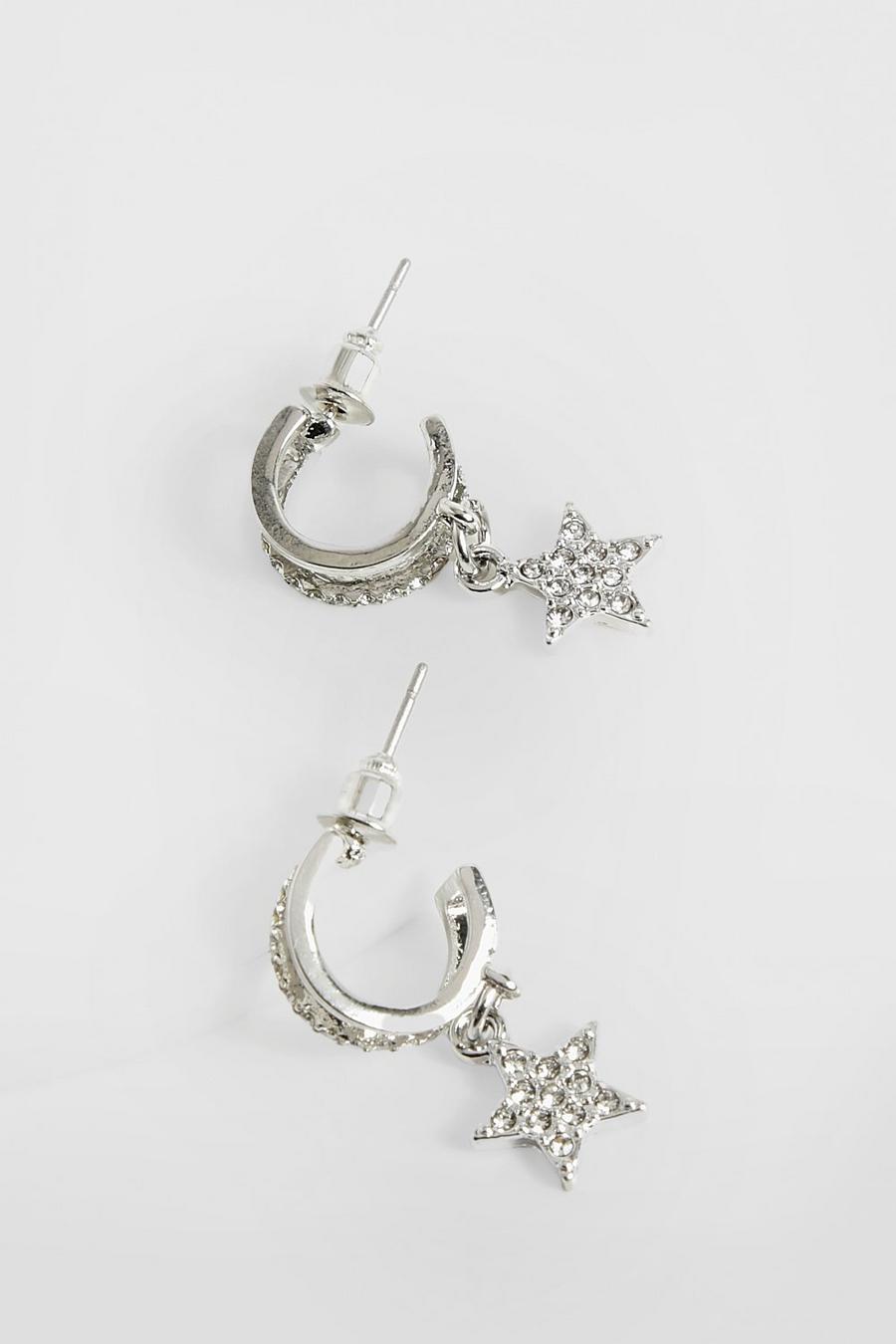 Silver Star Diamante Huggie Earrings image number 1