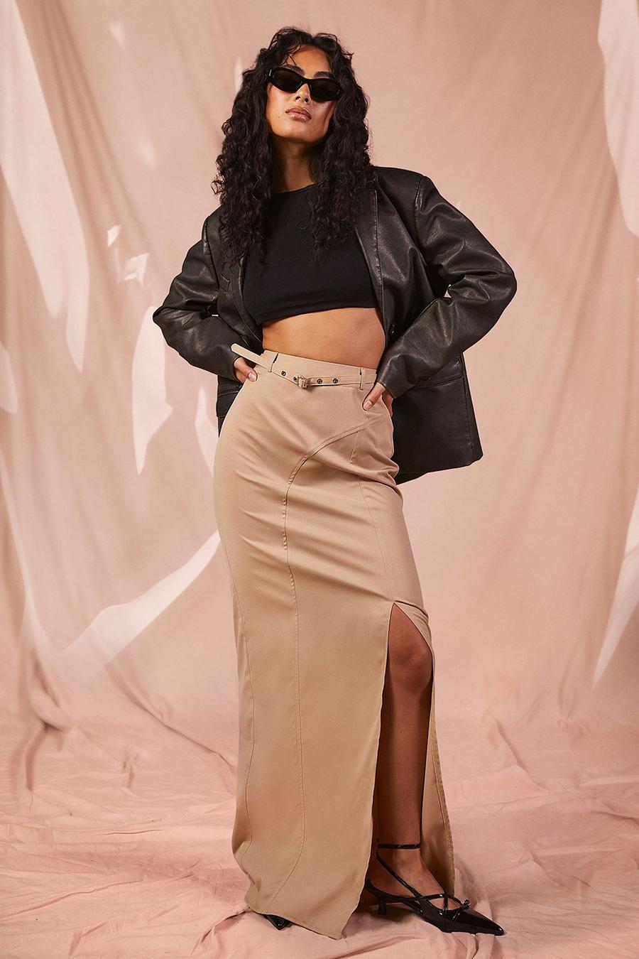 Stone Belted Seam Detail Maxi Skirt 