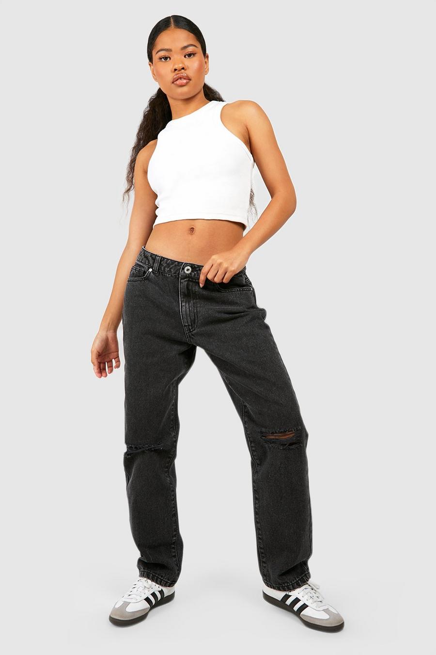 Petite Basics Jeans mit geradem Bein und Riss am Knie, Washed black