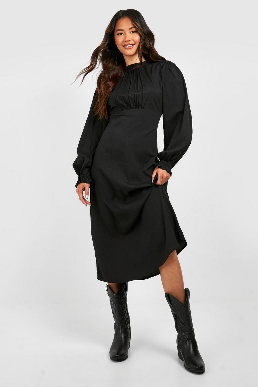 Black Texured High Neck Midi Dress