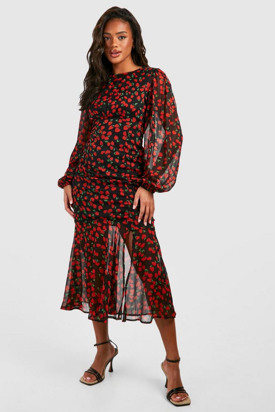 Red Cherry Print Lined Midaxi Dress