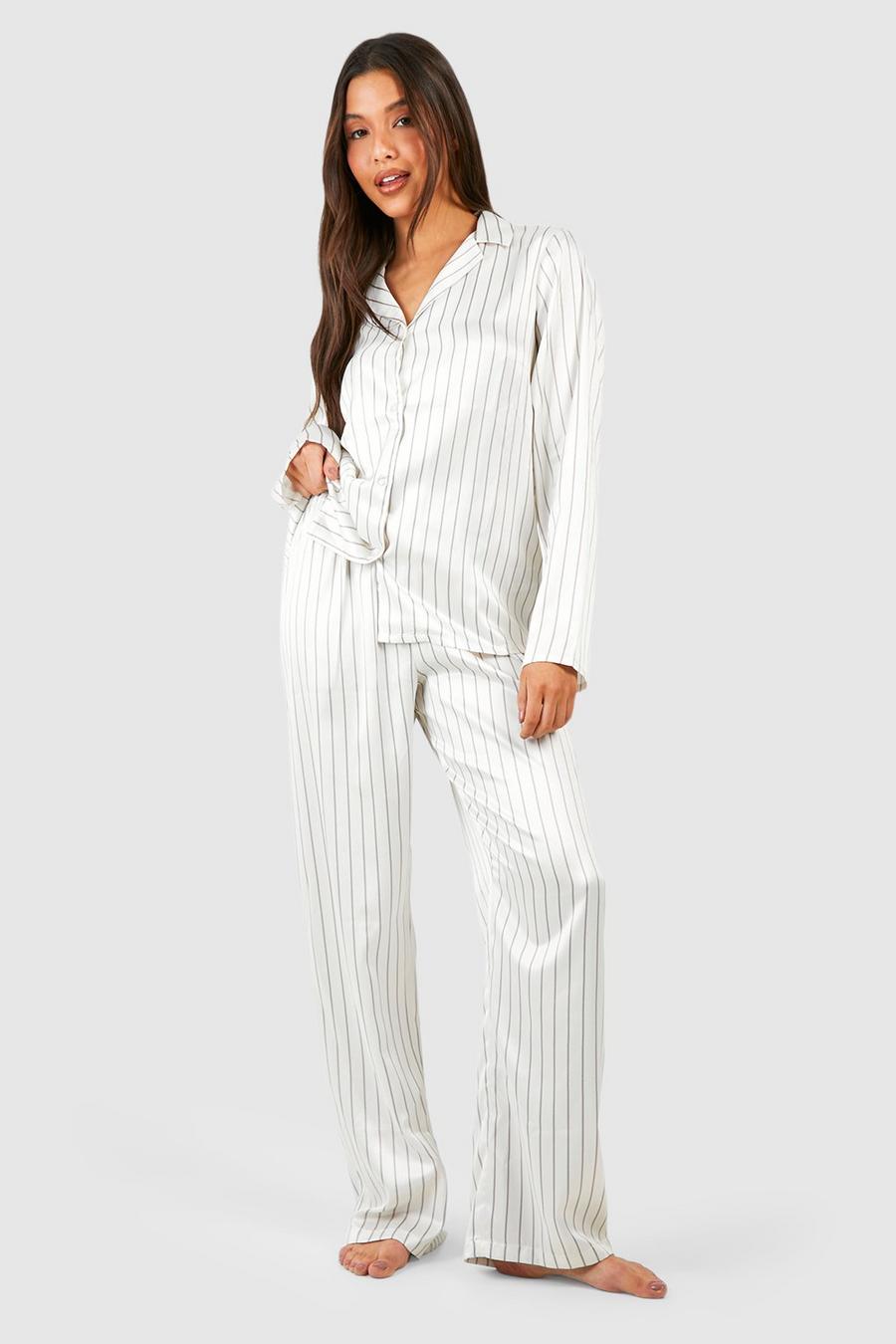 Pijama de raya diplomática con botones, Cream image number 1
