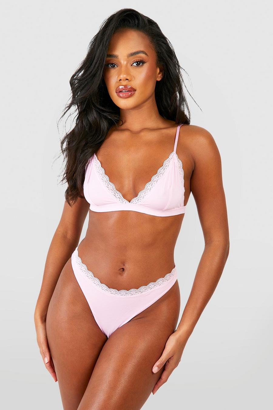 Pink Lace Trim Seamless Bralette And Brief Set