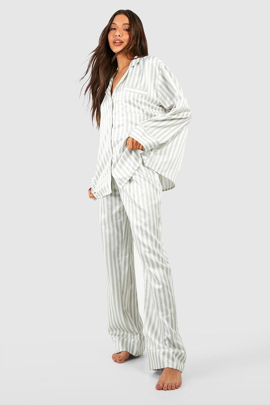 Sage Satin Stripe Pajama Set image number 1