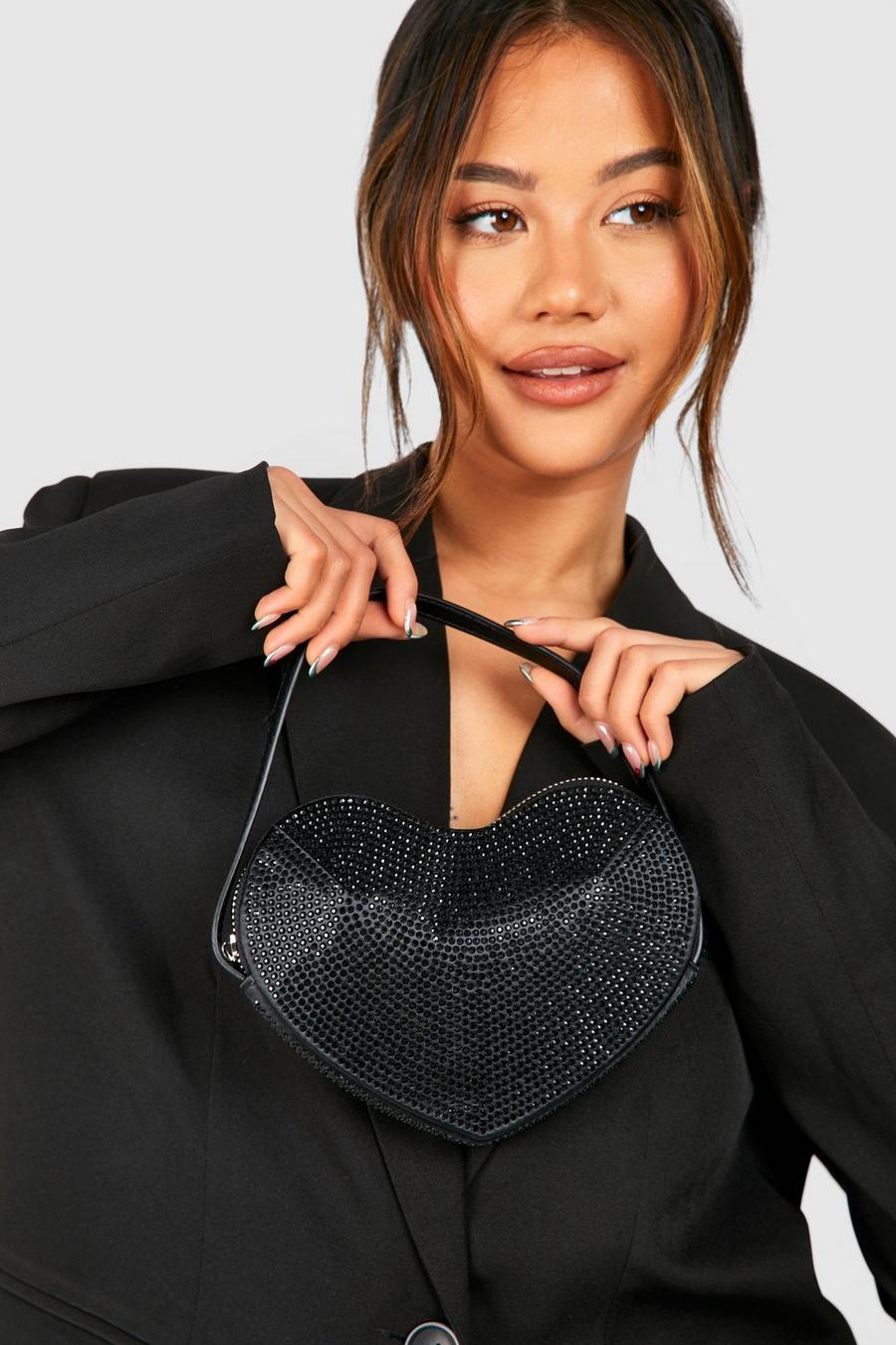 Black Diamante Heart Shoulder Bag