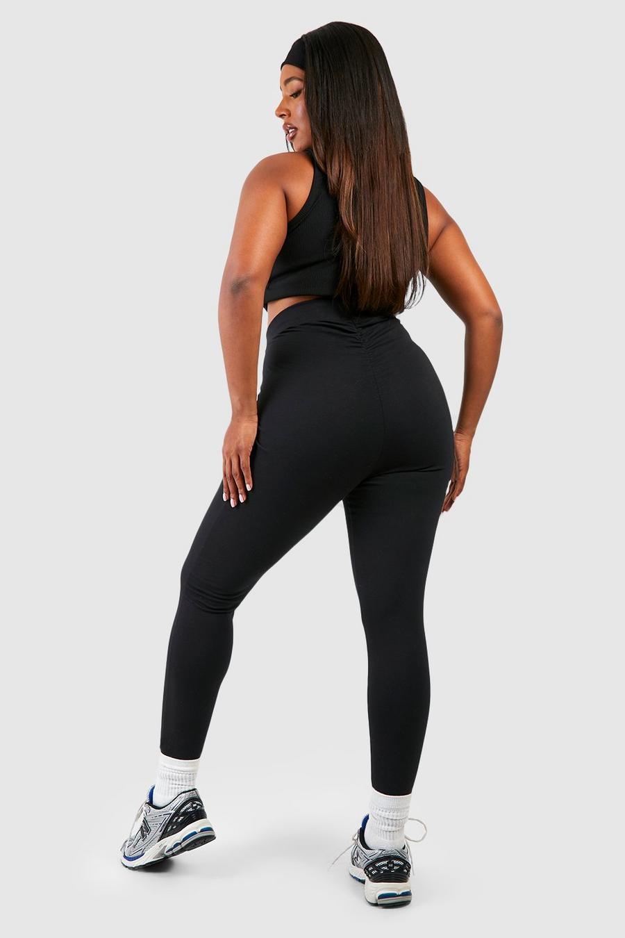 Black Plus Cotton Jersey Knit Ruched Booty Boosting Leggings