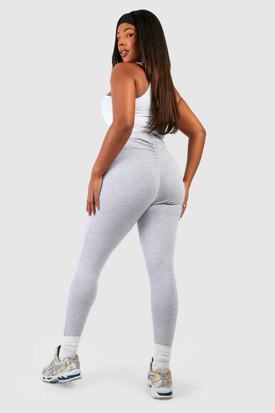 Grey Plus Cotton Jersey Knit Ruched Booty Boosting Leggings
