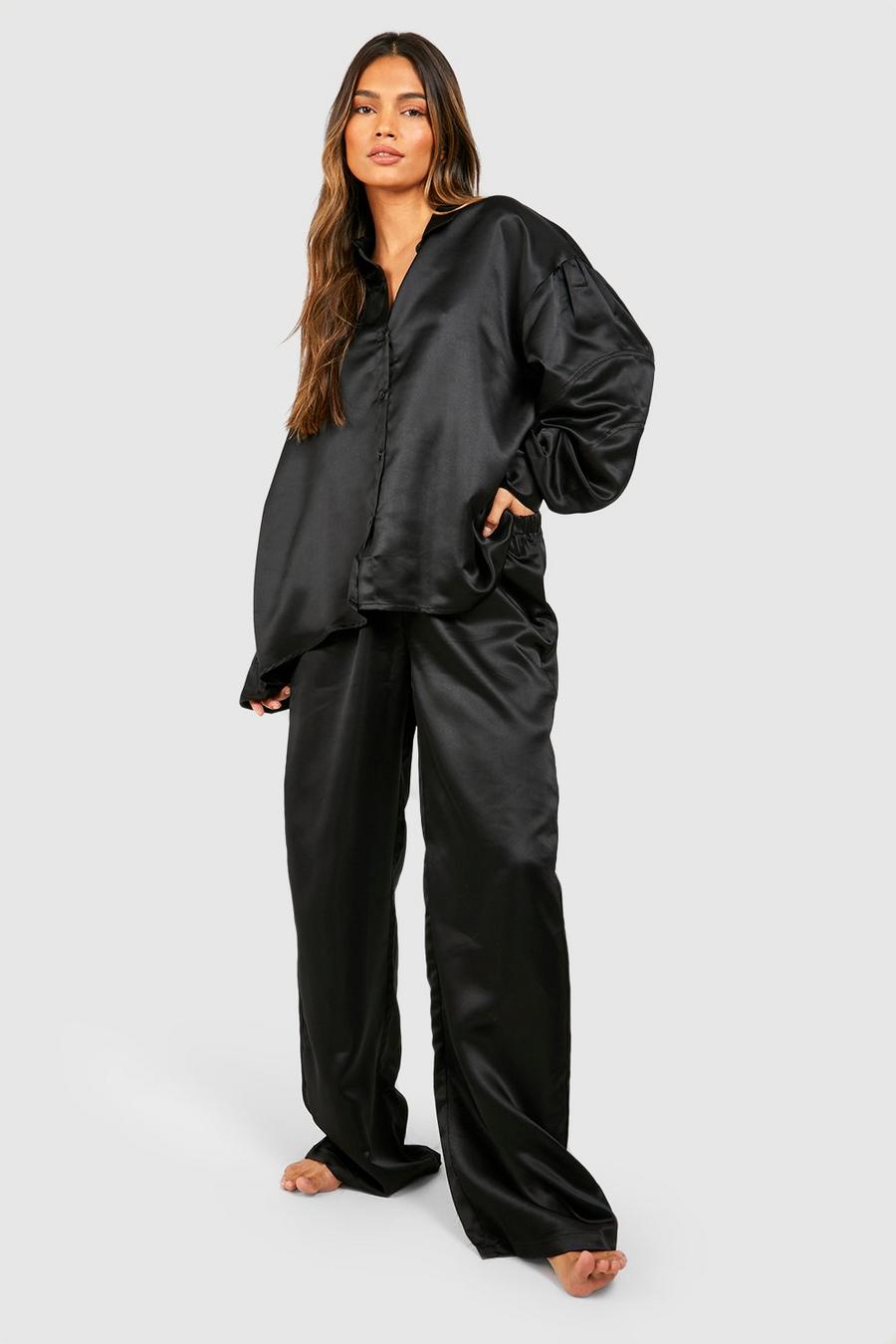 Black Satin Oversized Detail Sleeve Pajama Set image number 1