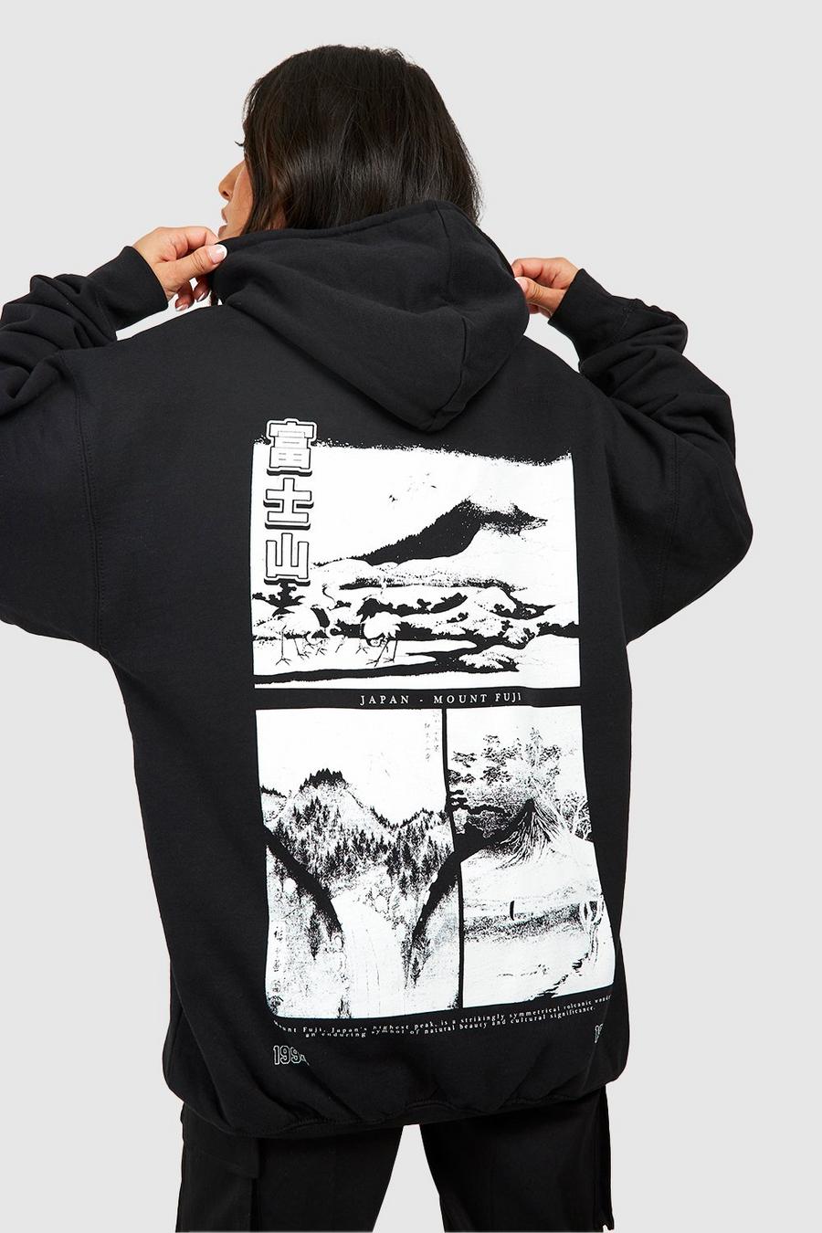 Sudadera Petite con capucha y estampado gráfico japonés en la espalda, Black