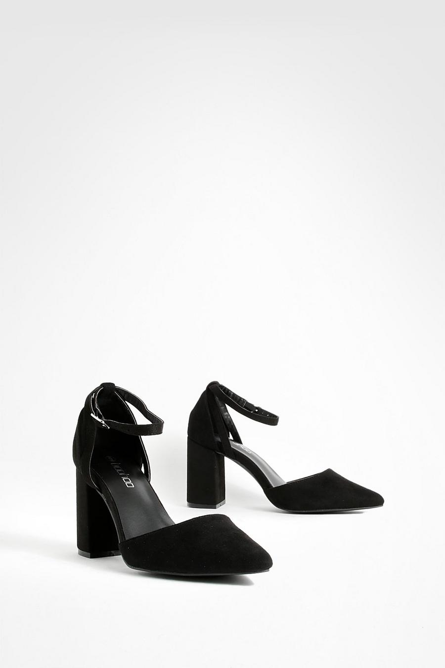 Black Wide Fit Pointed Low Block 2 Part Court Shoes