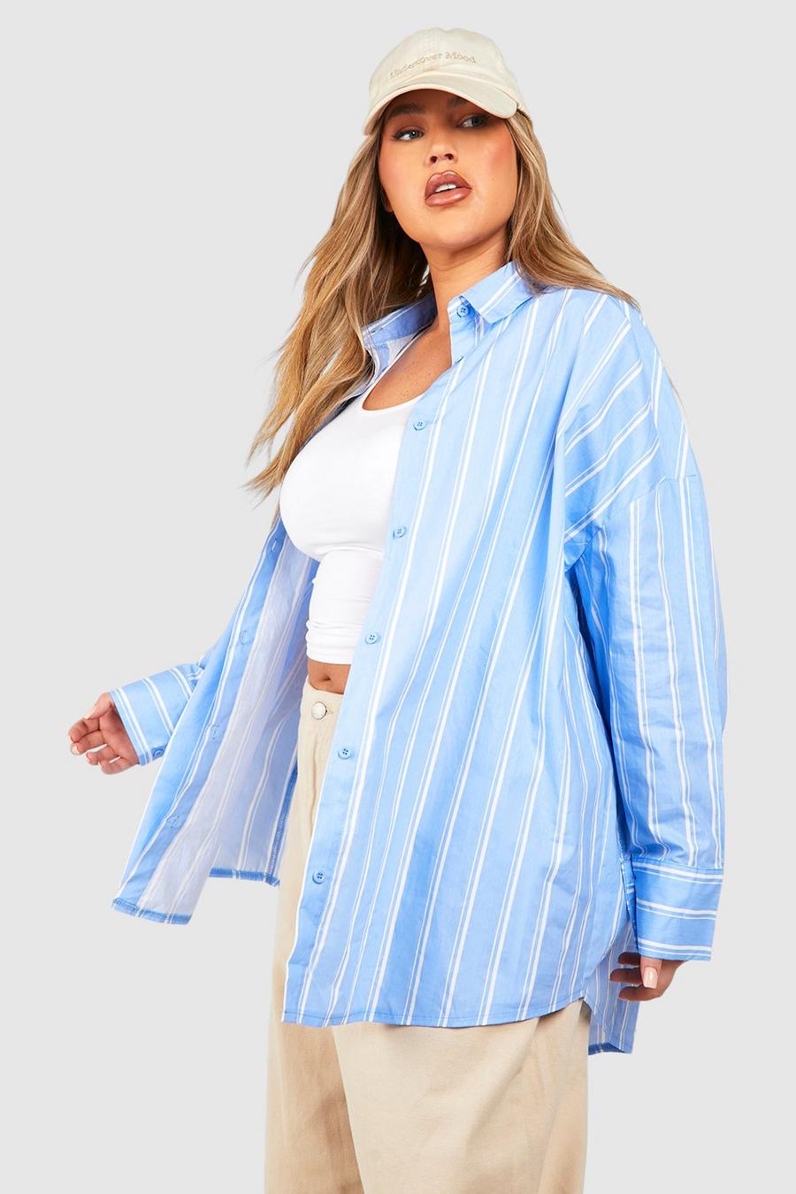 Camicia Plus Size oversize in cotone popeline a righe, Blue