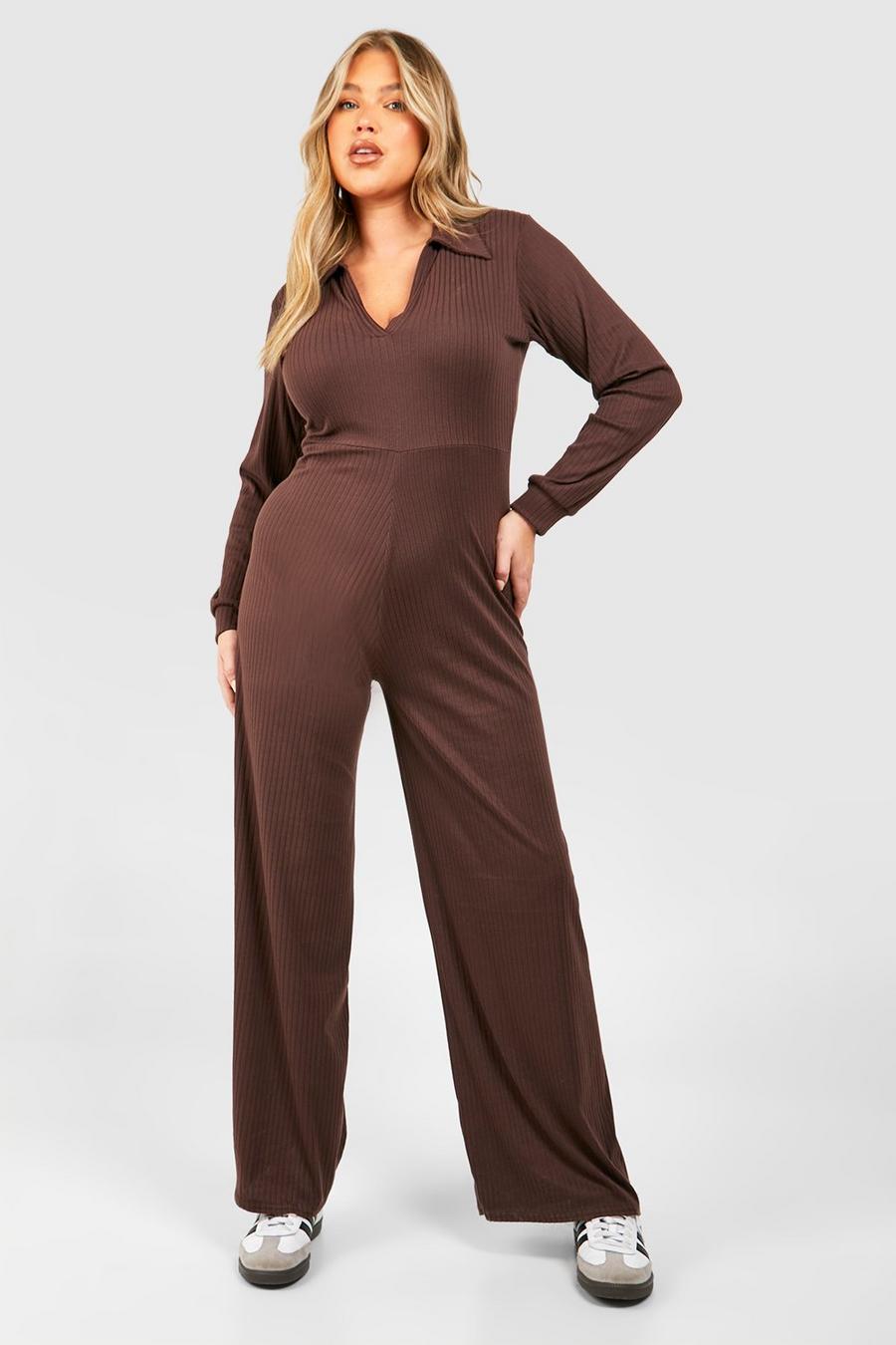 Tuta intera Plus Size a coste morbide con colletto e fascia allacciata in vita, Chocolate