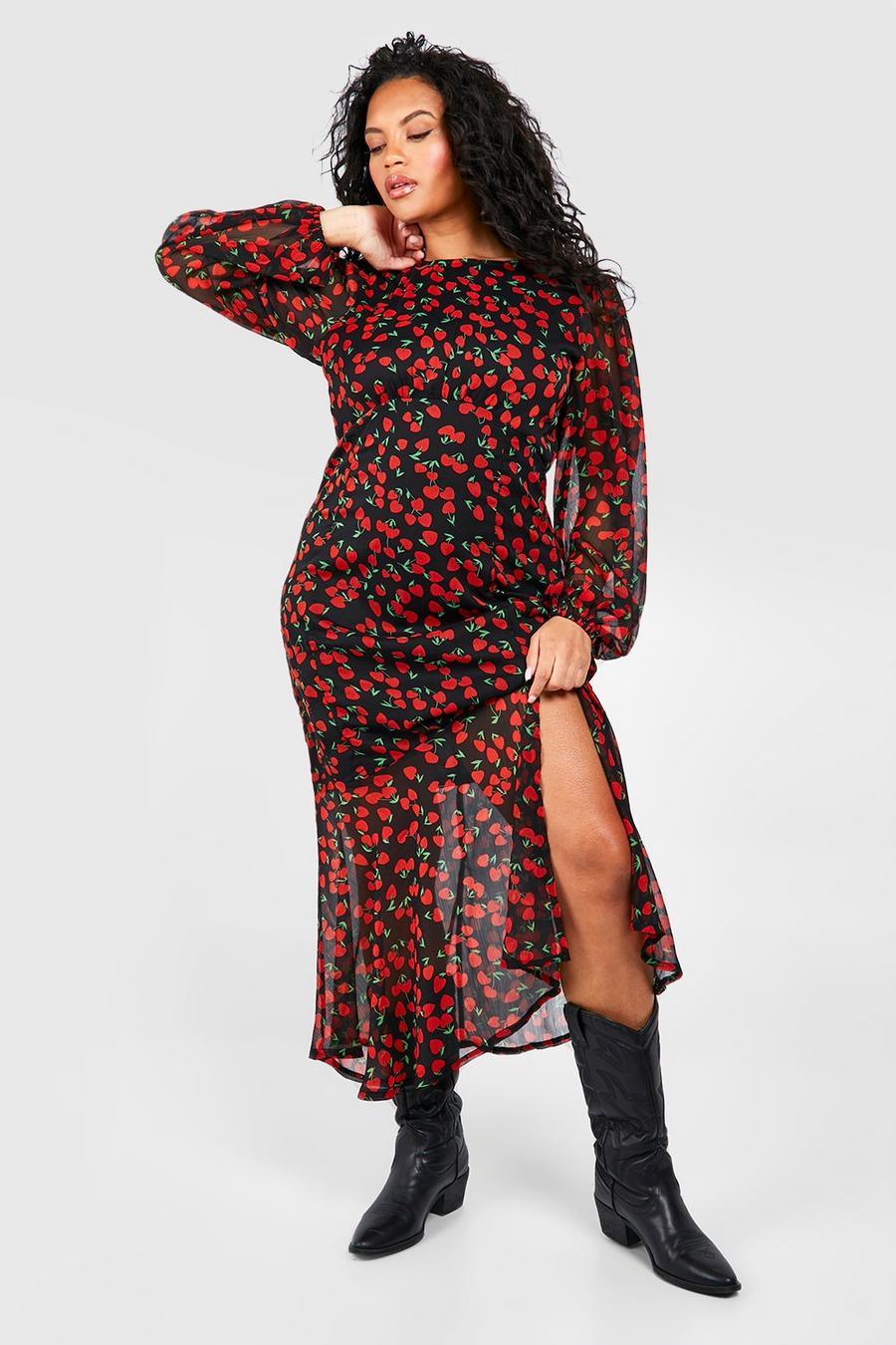 Red Plus Cherry Print Lined Midaxi Dress image number 1