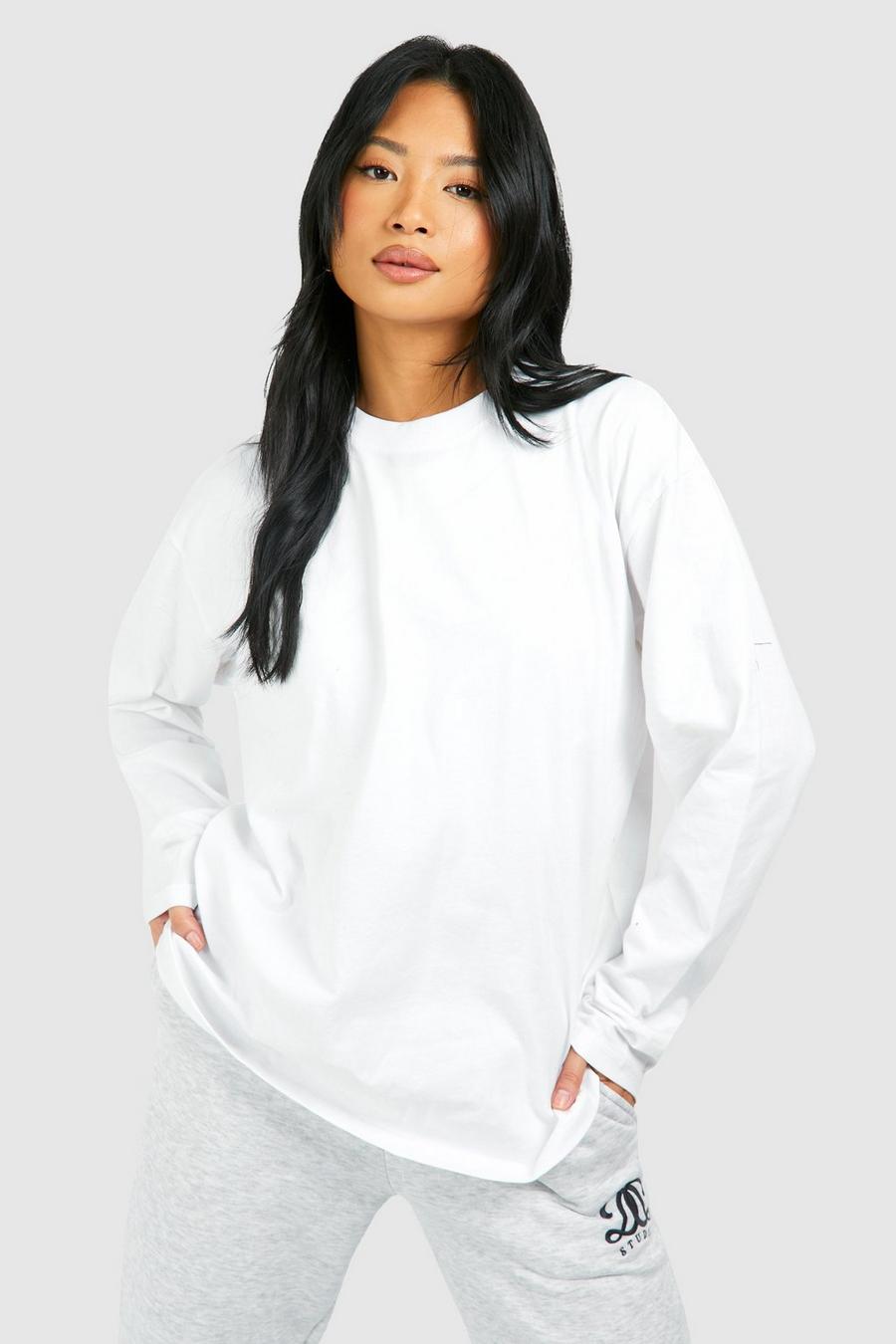 White Petite Basic Cotton Oversized Long Sleeve T-shirt 