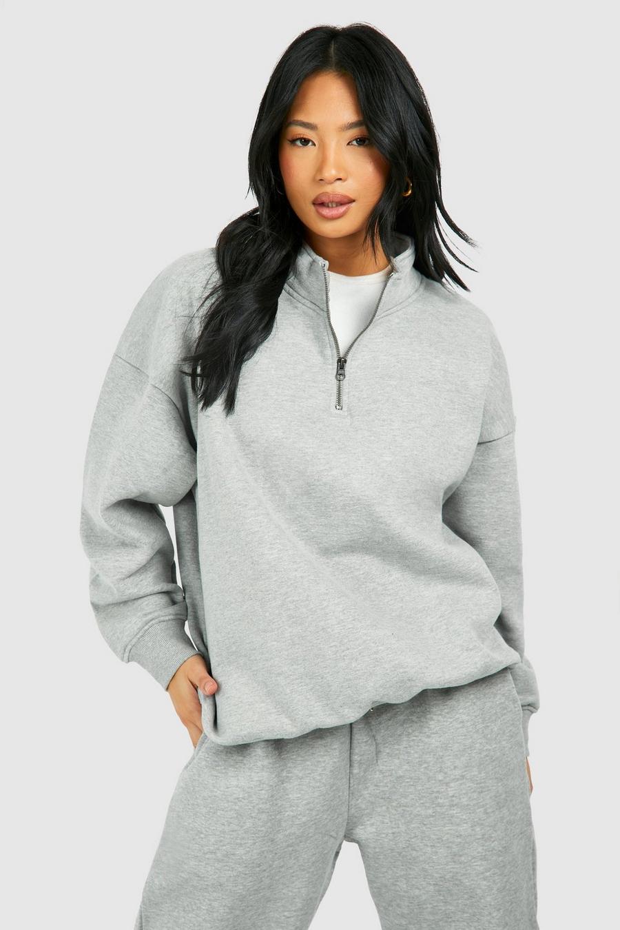 Petite Basic Oversize Sweatshirt mit halbem Reißverschluss, Ash grey