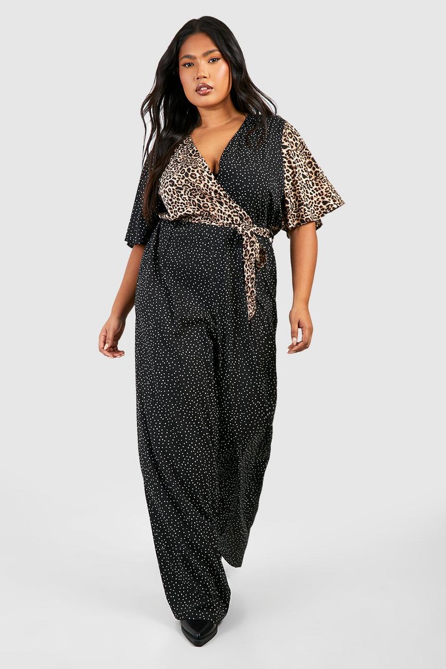 Black Plus Contrast Leopard Wide Leg Jumpsuit 