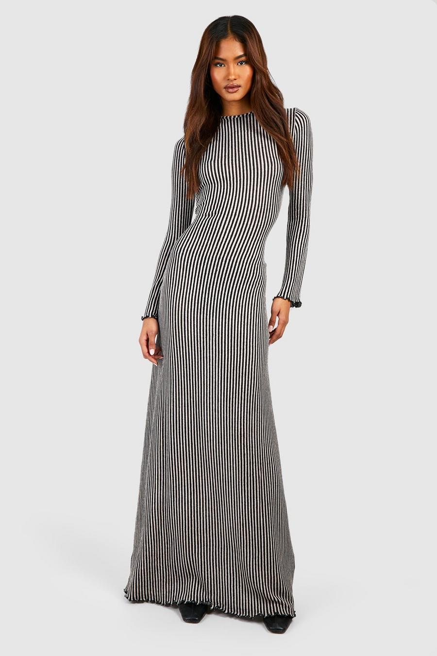 Black Tall Knitted Stripe Scoop Back Flare Sleeve Maxi Dress