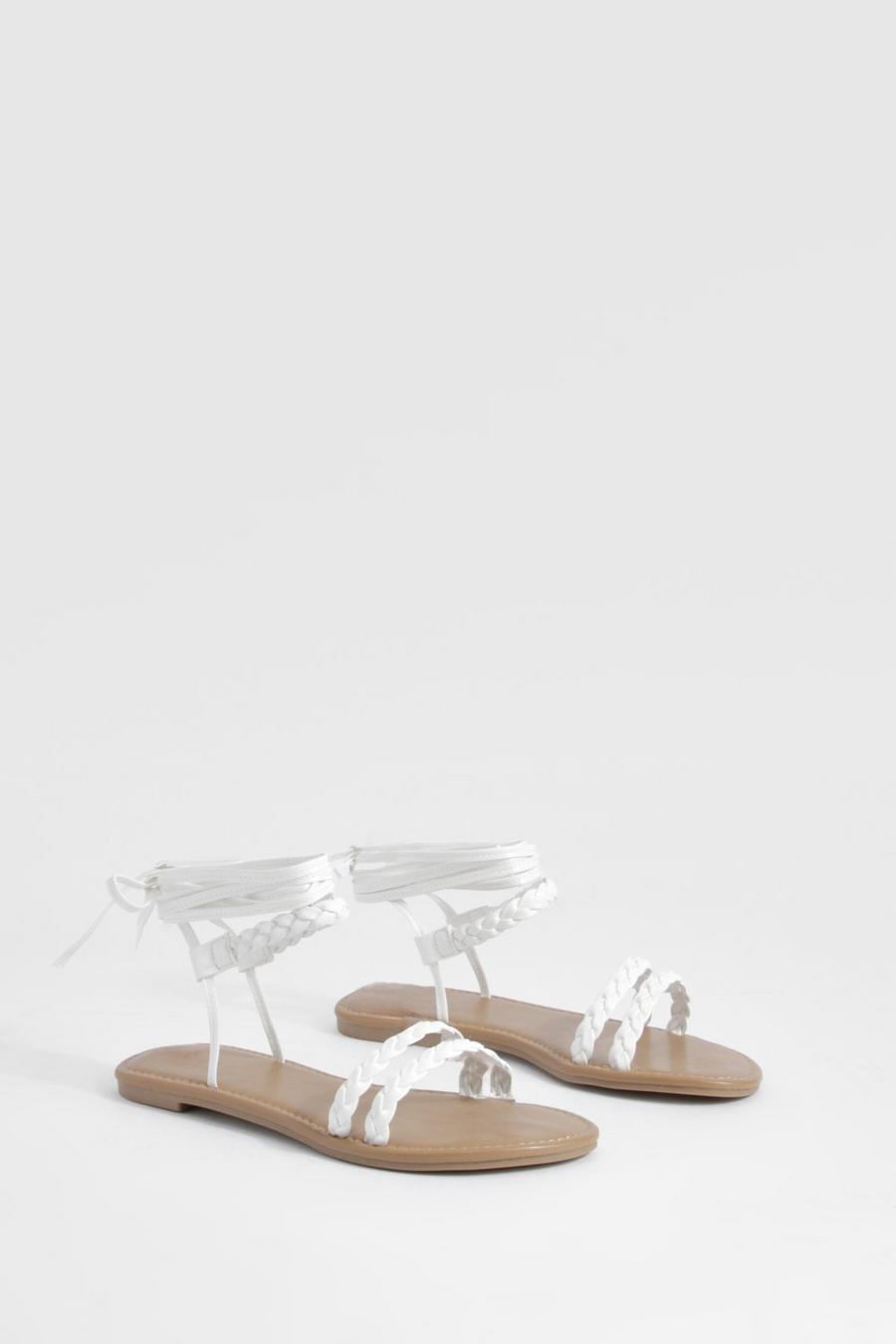 Sandales plates à lacets montants - Pointure large, White