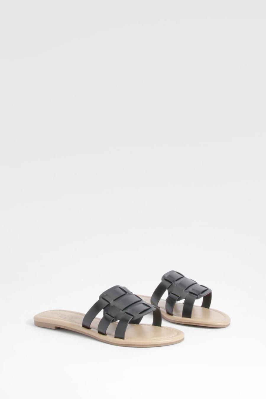 Black Brede Geweven Slippers Met Hakken