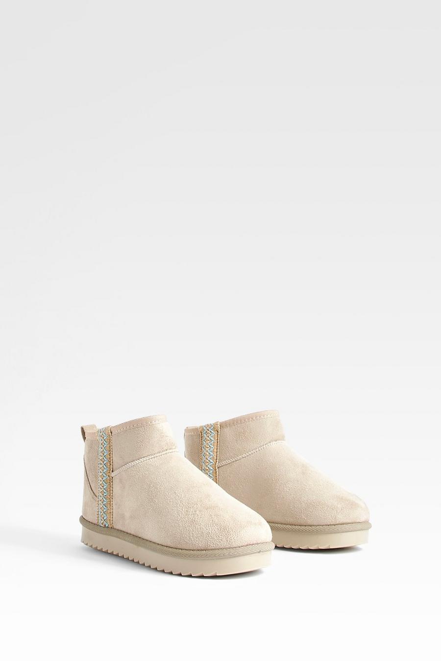 Beige Embroidered Detail Ultra Mini Cozy Boots