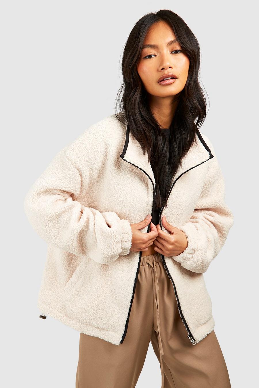 Cream Contrast Trim Detail Teddy Faux Fur Jacket