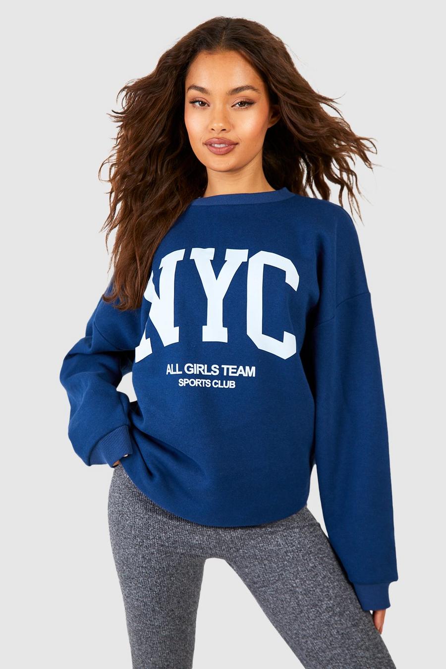 Oversize Sweatshirt mit NYC Slogan und halbem Reißverschluss, Navy