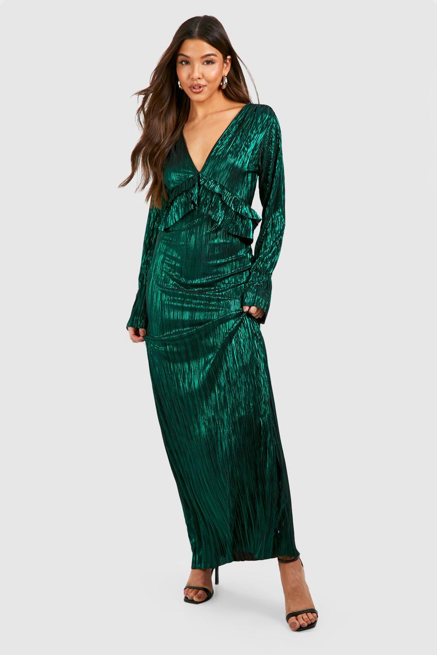 Vestito maxi metallizzato plissettato con arricciature, Emerald