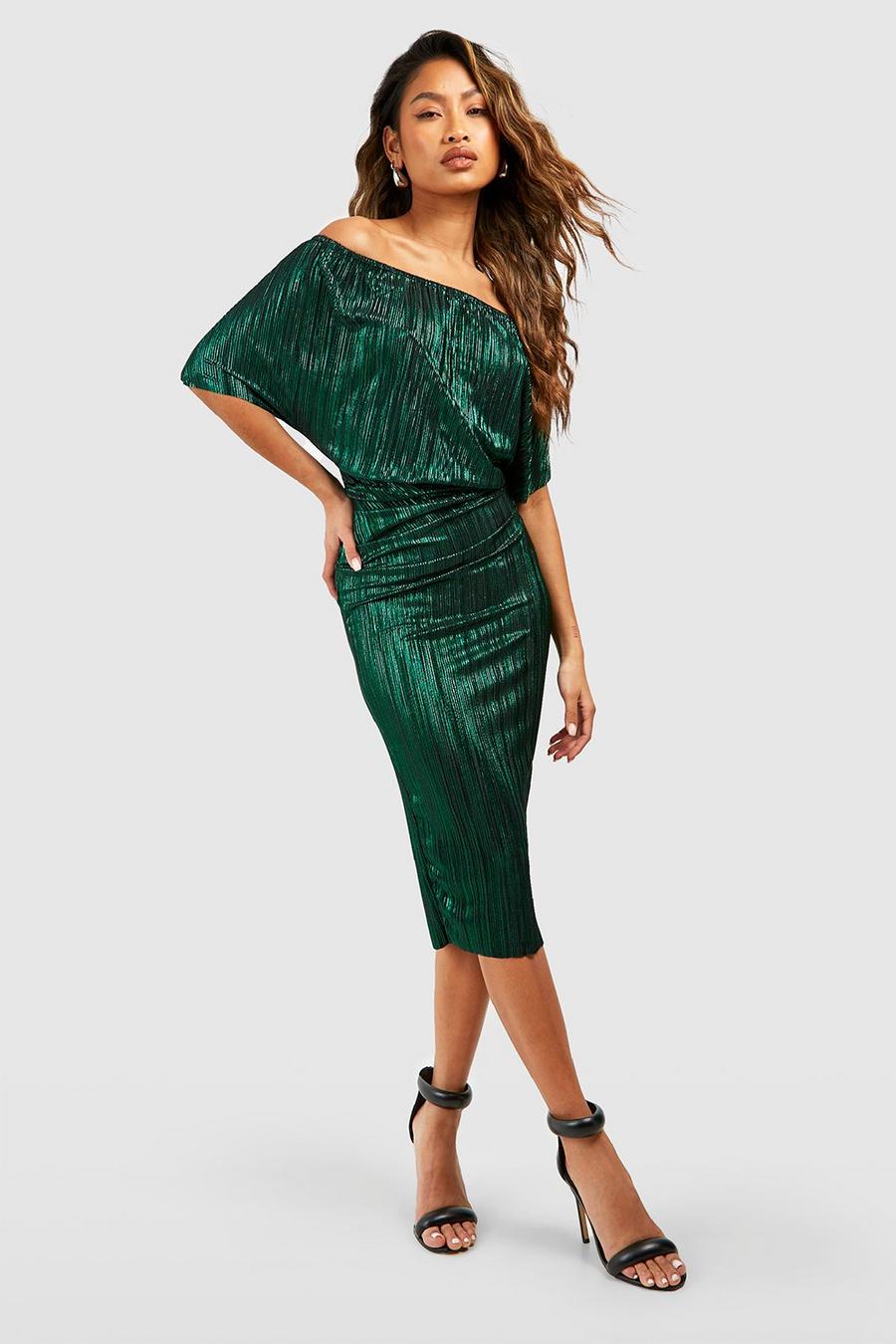 Emerald Metallic Plisse Bardot Midi Dress