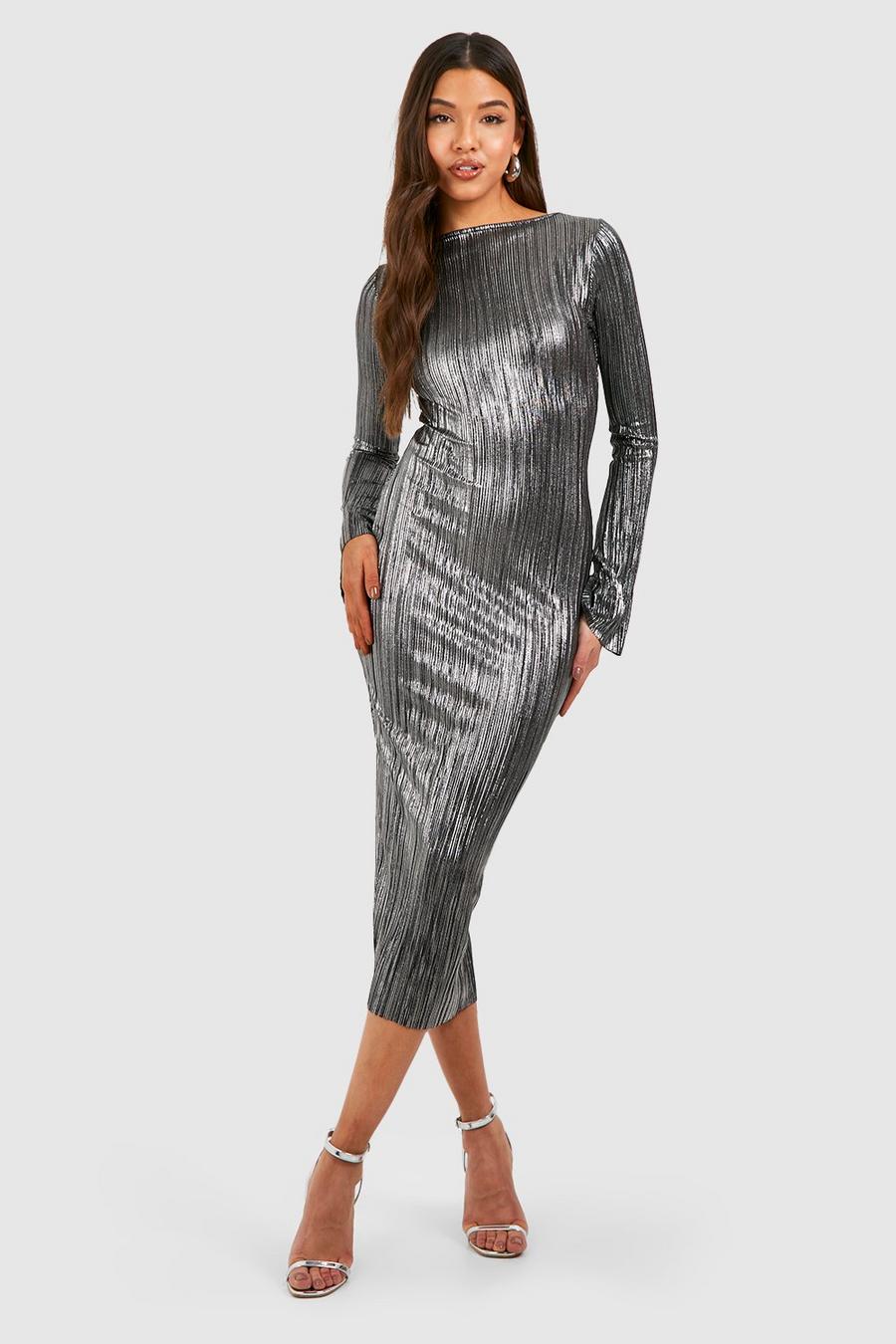 Silver Metallic Plisse Flare Sleeve Midi Dress image number 1