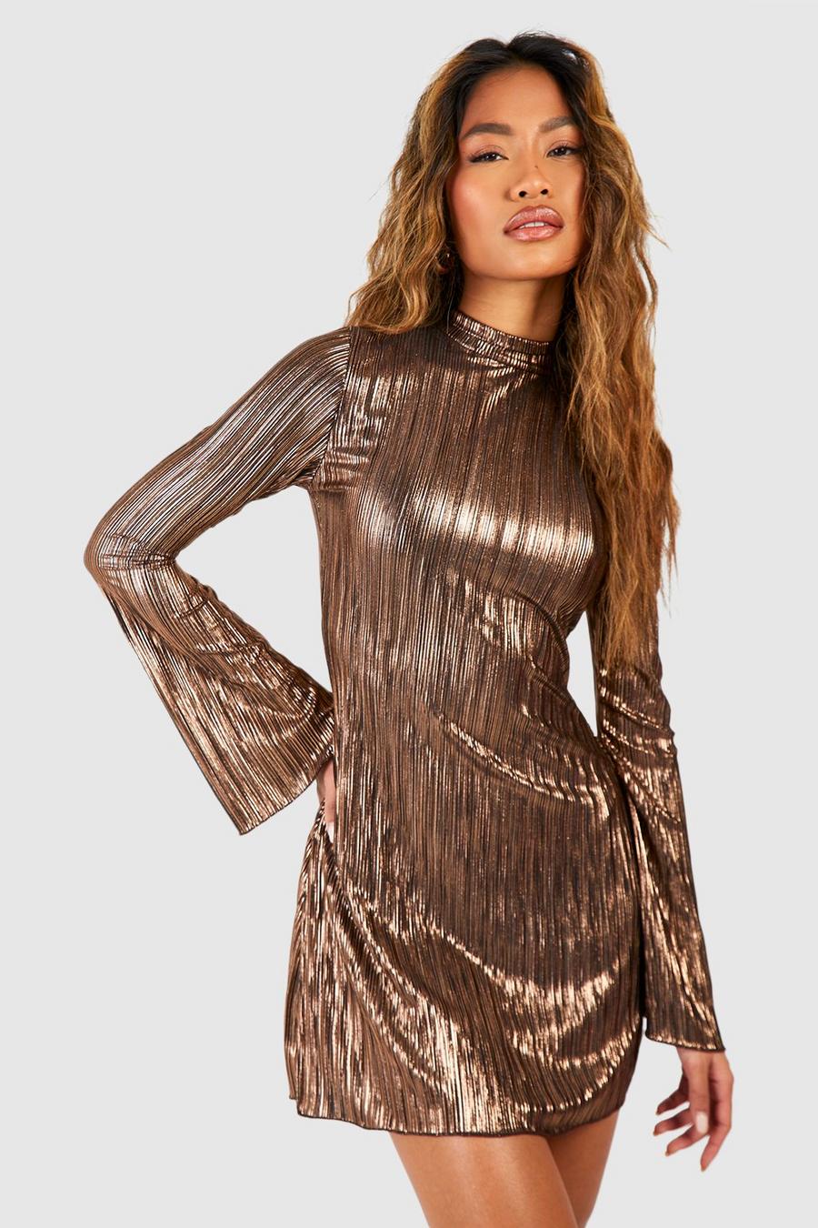 Gold Metallic Plisse Flare Sleeve Shift Dress