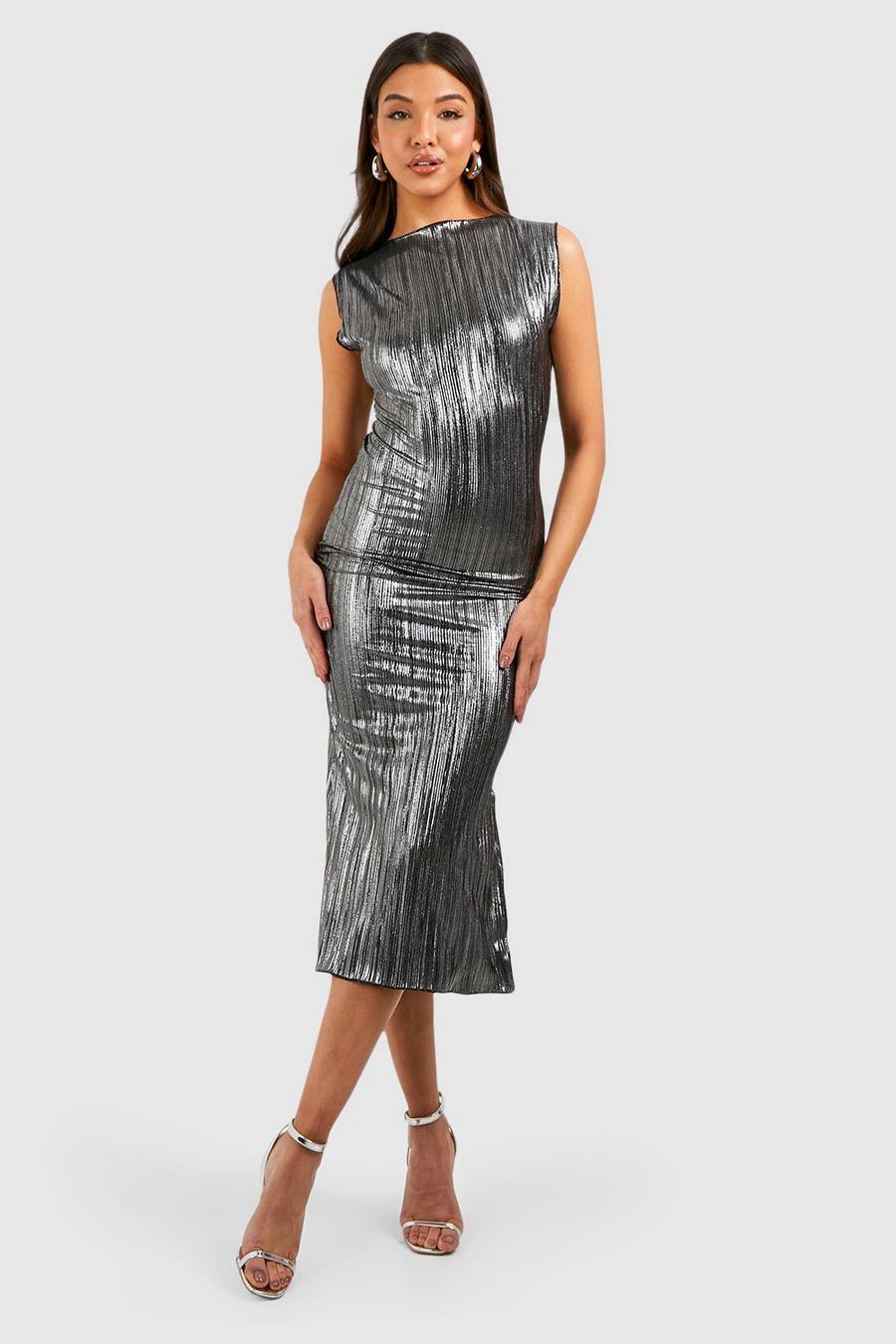 Silver Metallic Plisse High Neck Midi Dress