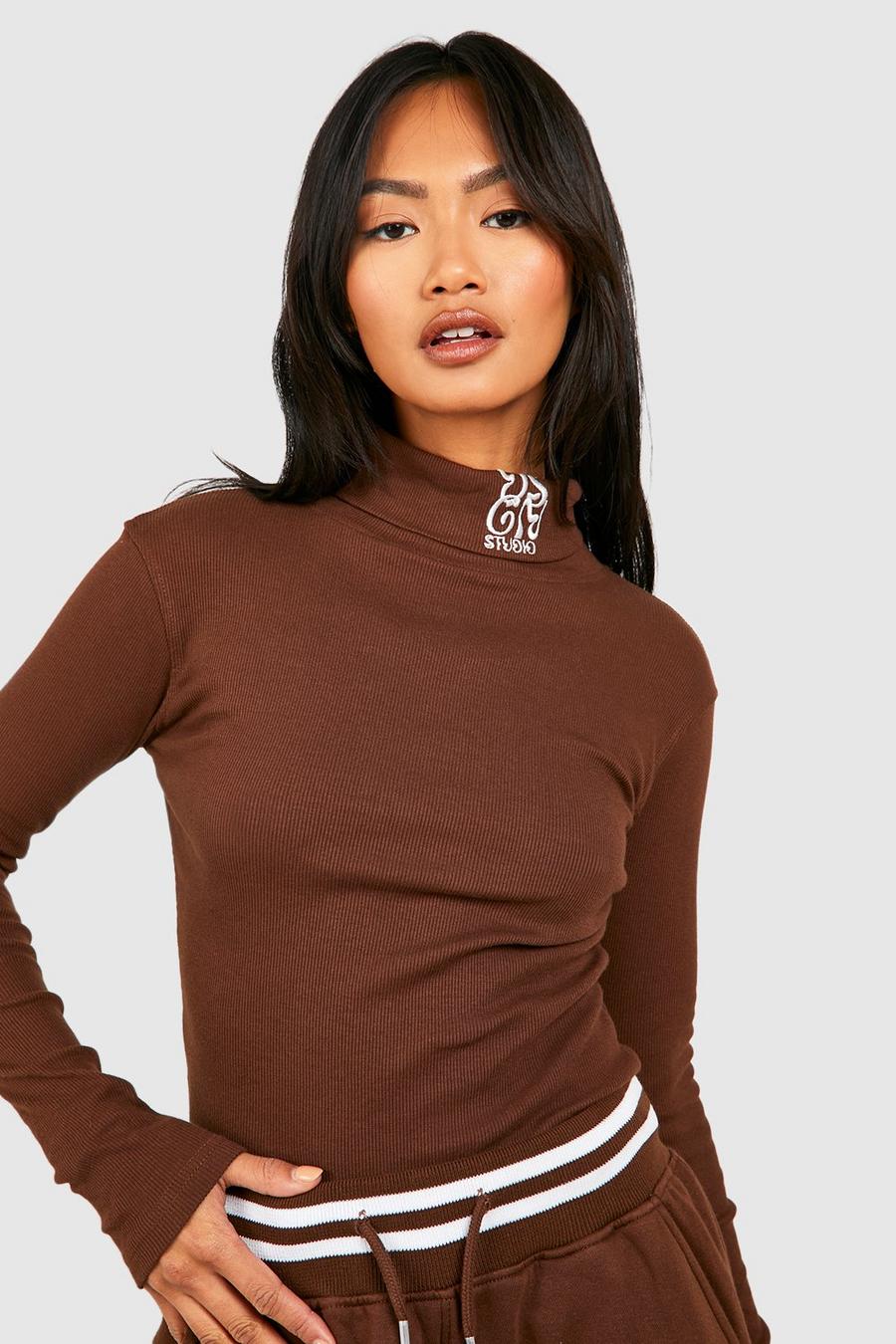 Chocolate Ribbed Turtle Neck Long Sleeve Top