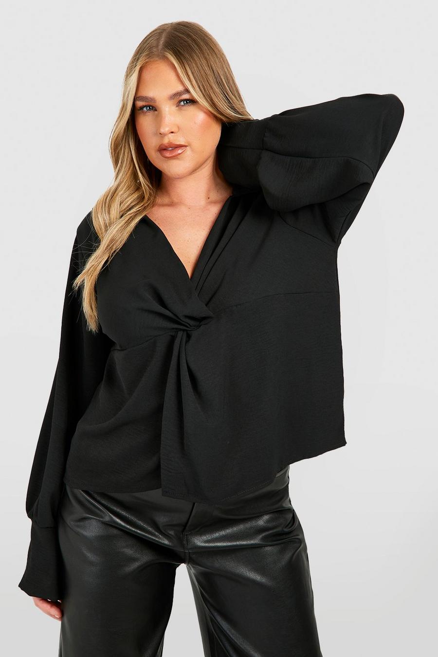 Blusa Plus Size con colletto attorcigliato e dettagli attorcigliati, Black