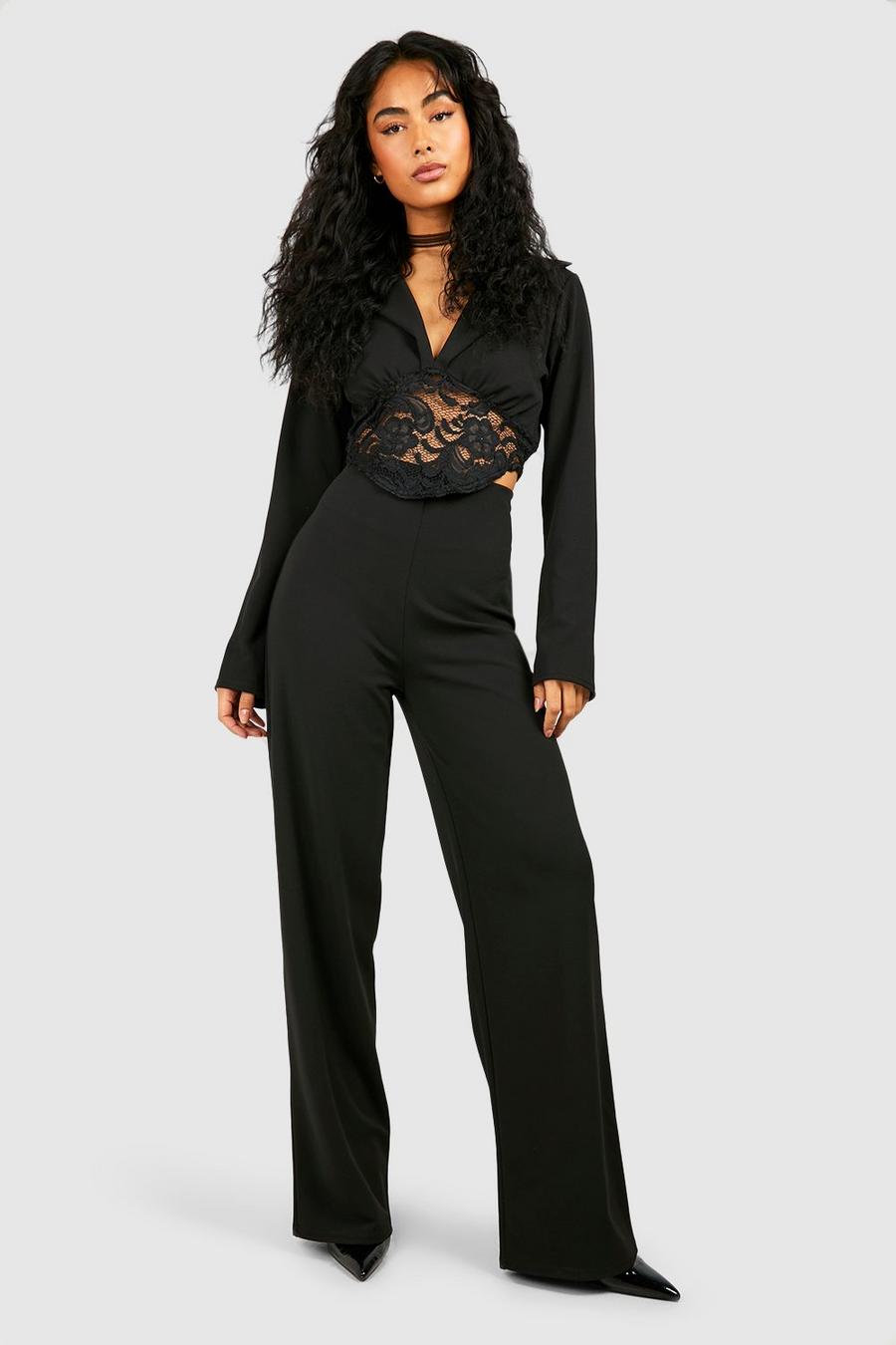 Black Lace Corset Detail Blazer & Wide Leg Pants image number 1