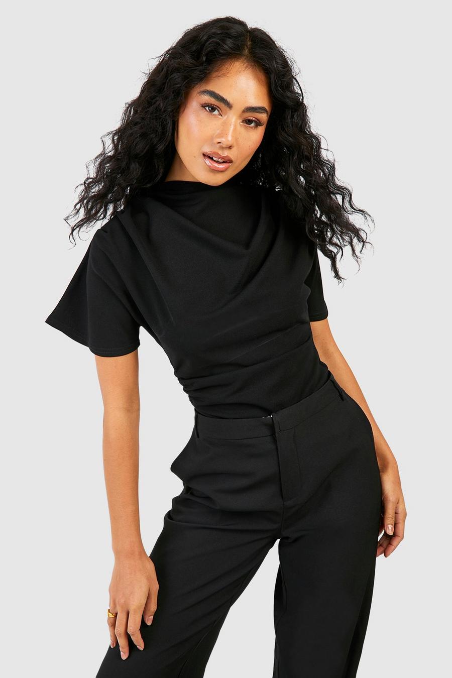 Blusa de tela jersey y tela crepé con hombros drapeados y escote plisado, Black