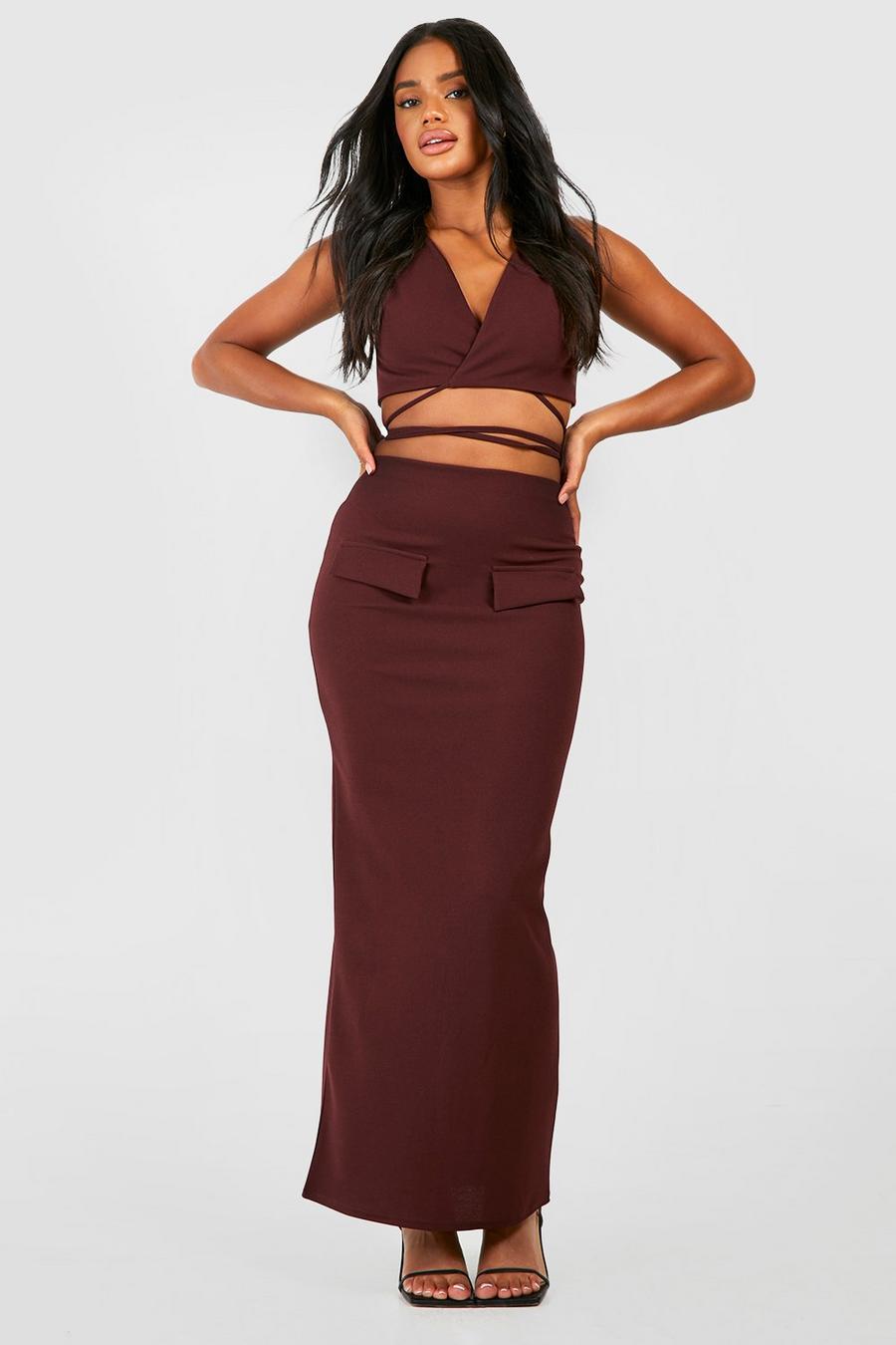 Chocolate Tie Waist Plunge Front Bralette & Column Maxi Skirt