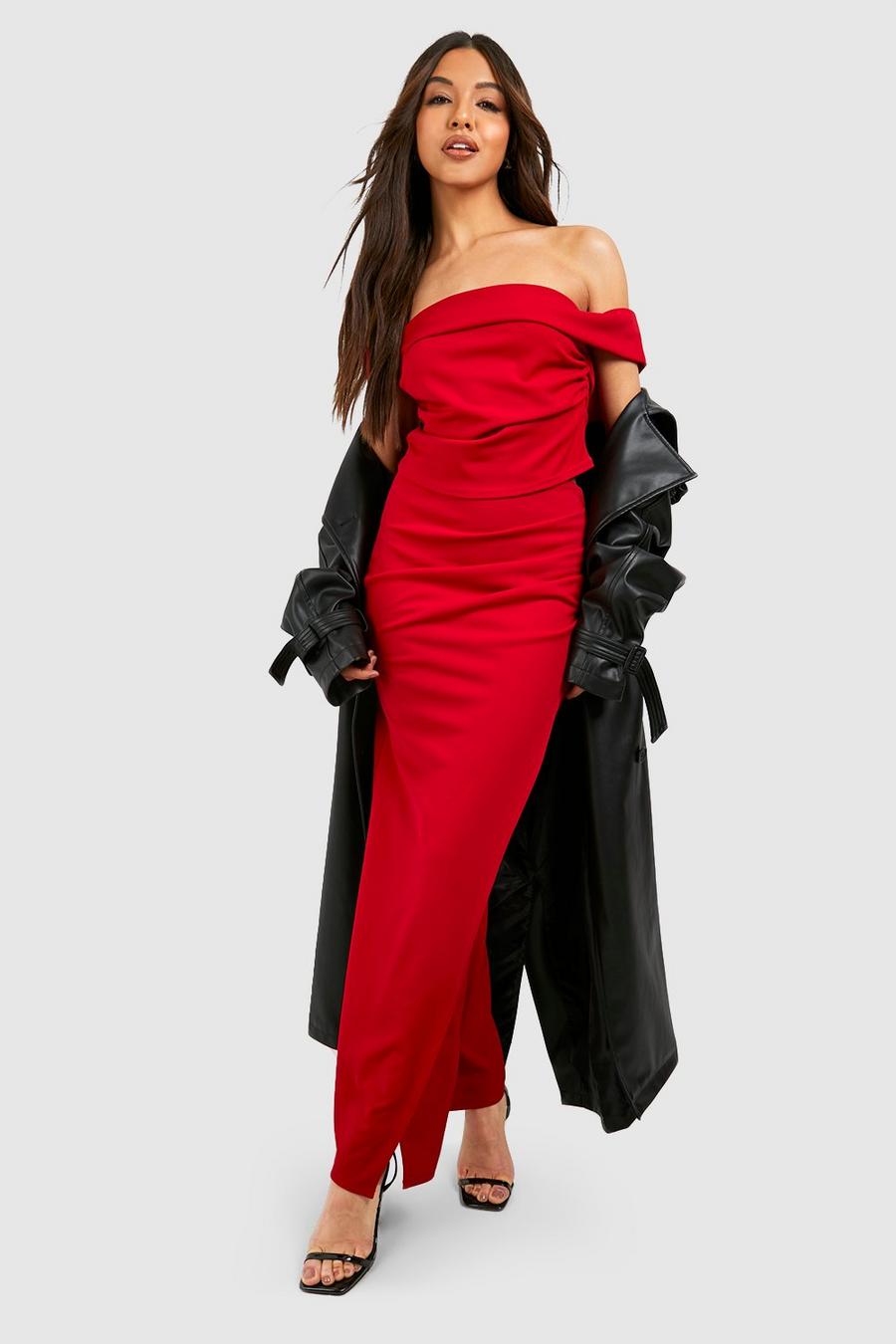 Red Drape Off The Shoulder Top & Wrap Thigh Split Maxi Skirt