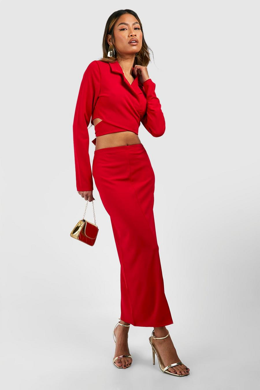 Red Wrap Waist Crop Blazer & Split Front Midi Skirt