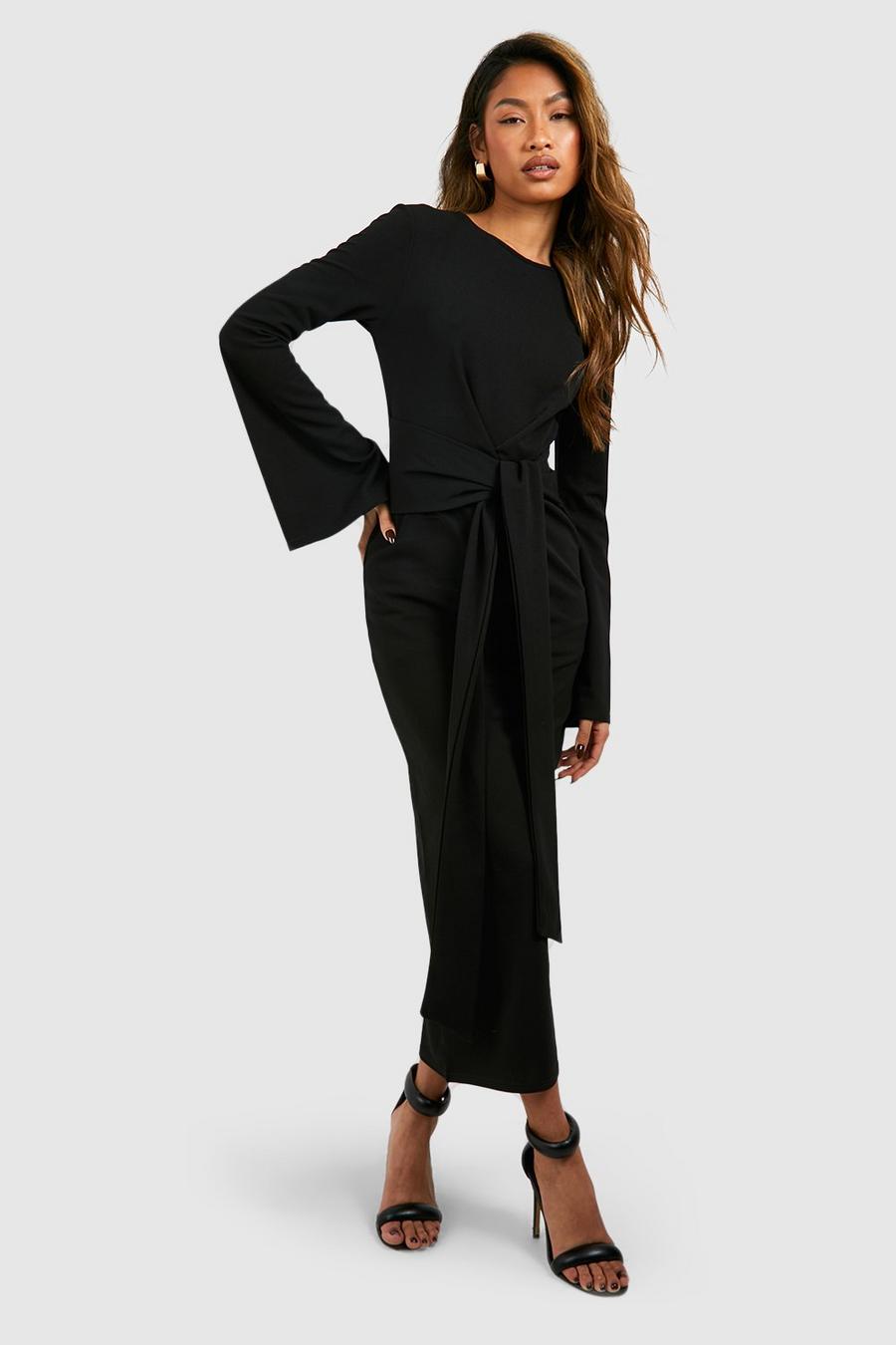 Black Knot Front Flared Sleeve Crepe Midaxi Dress