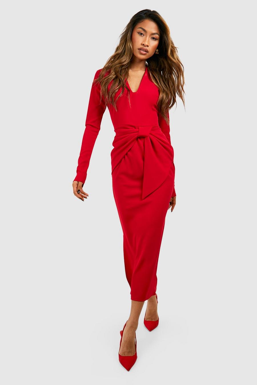 Red Crepe Waist Detail Midi Dress image number 1