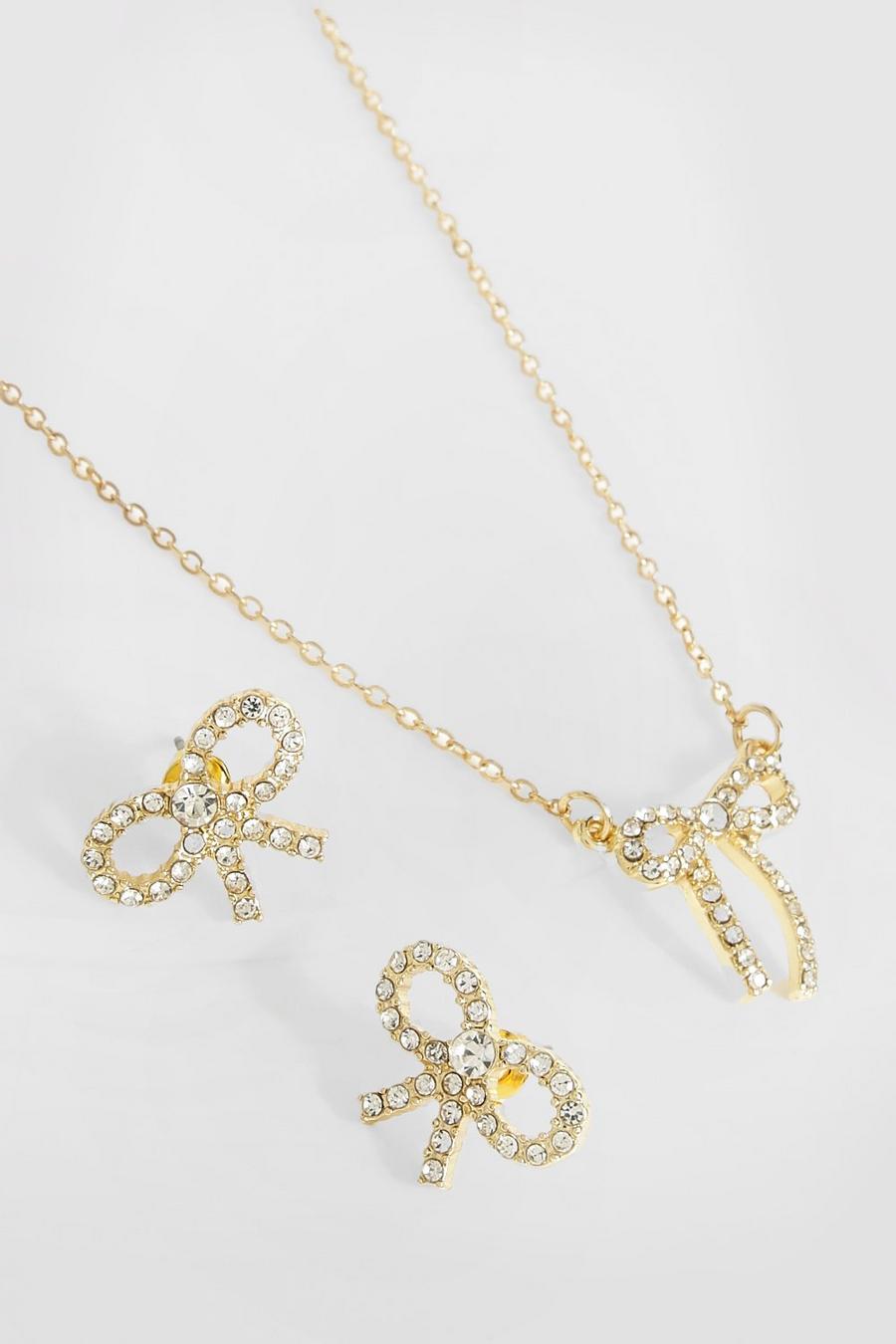 Gold Bow Earring And Necklace Set 