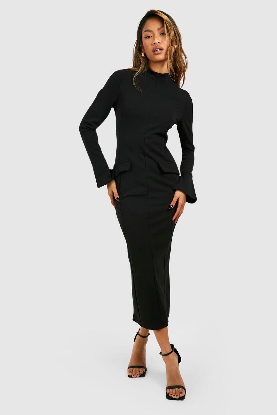 Black Crepe High Neck Pocket Detail Midi Dress image number 1