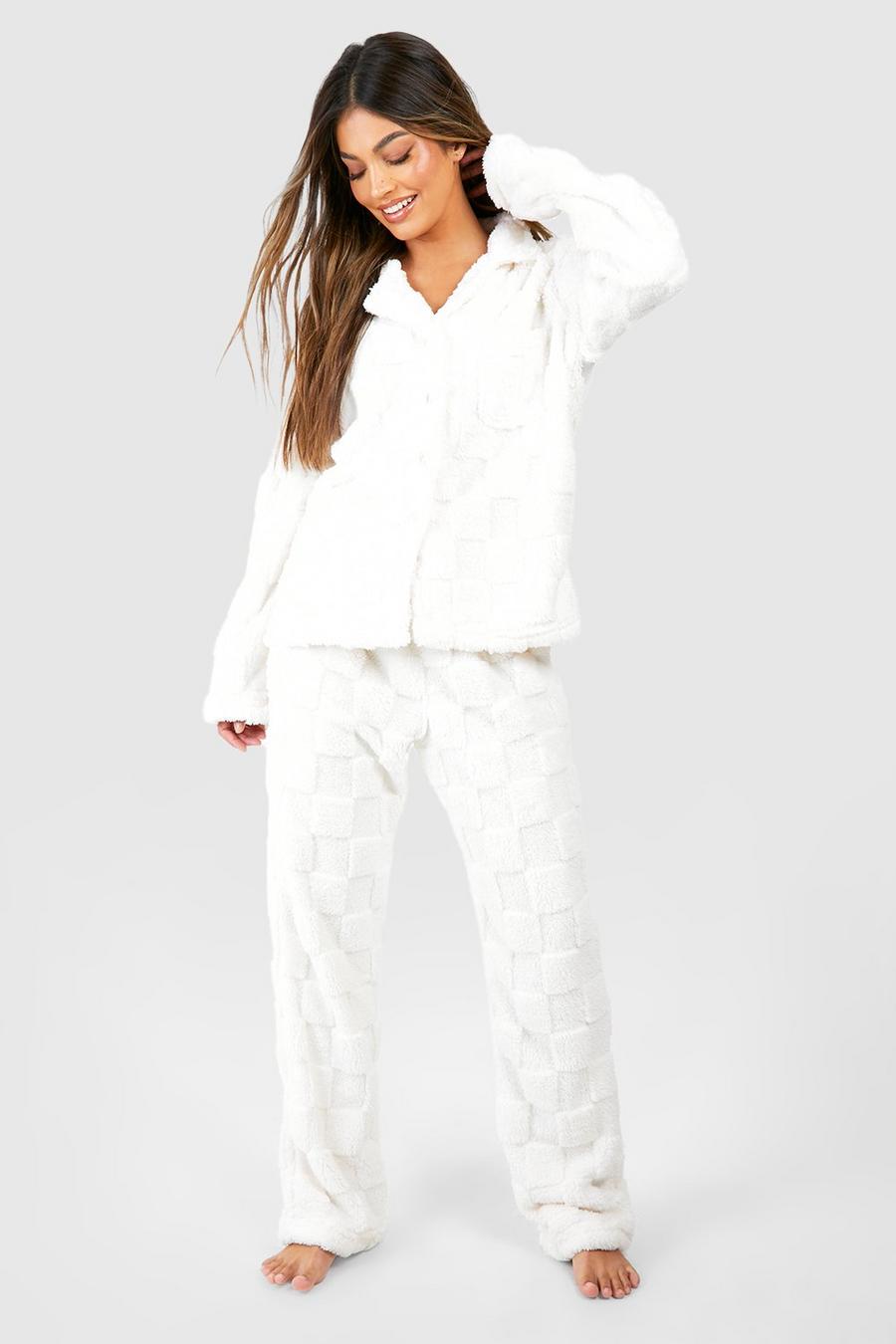 Cream Checkerboard Fleece Button Front Pants Set image number 1
